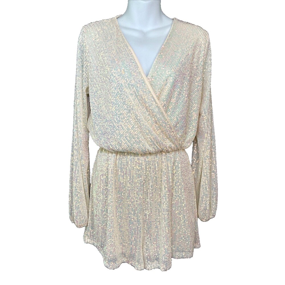 Iridescent Long Sleeve Romper Shorts Small Ivory Sequin Cocktail McBling Sparkle